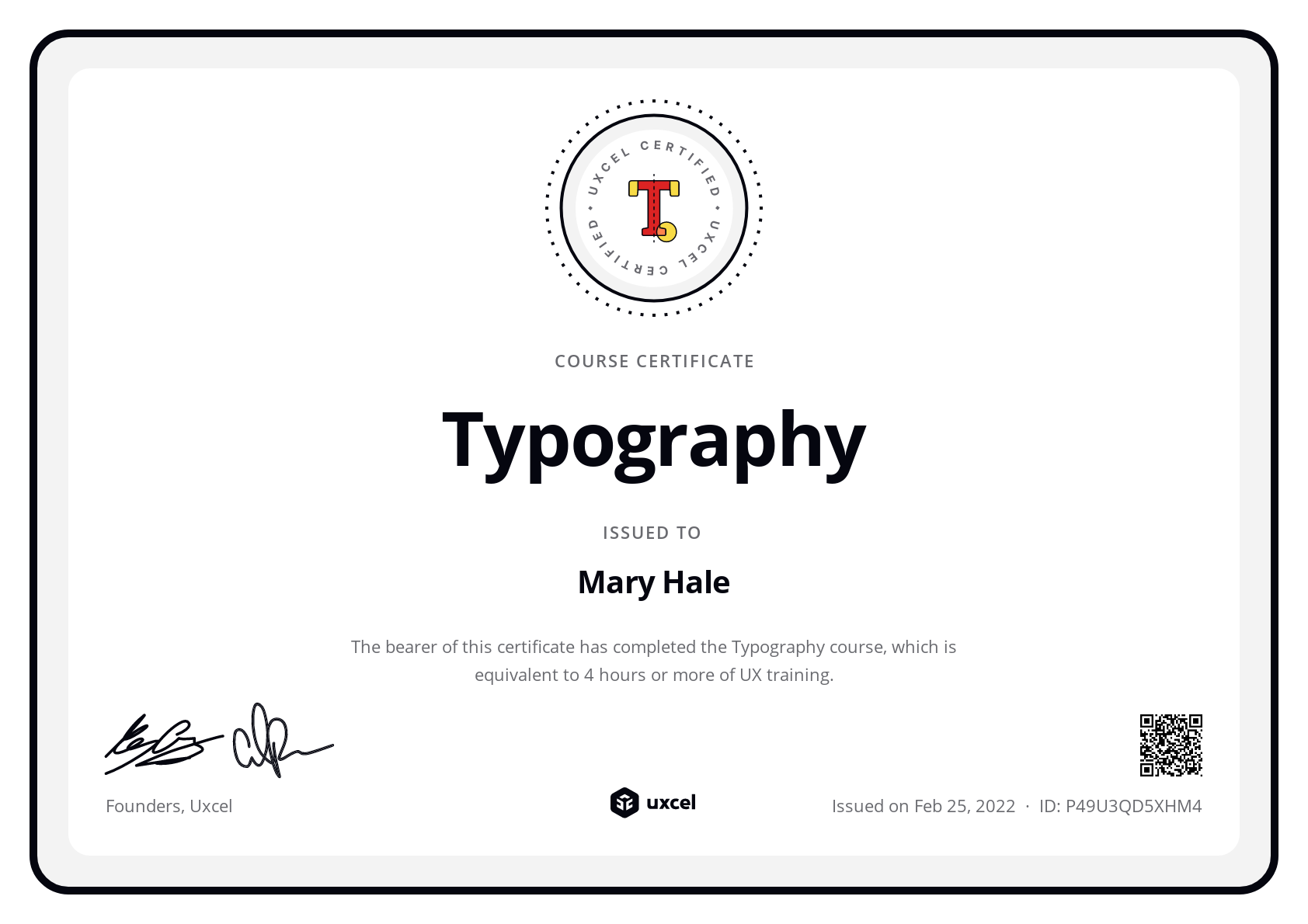 Mary Hale's certificate